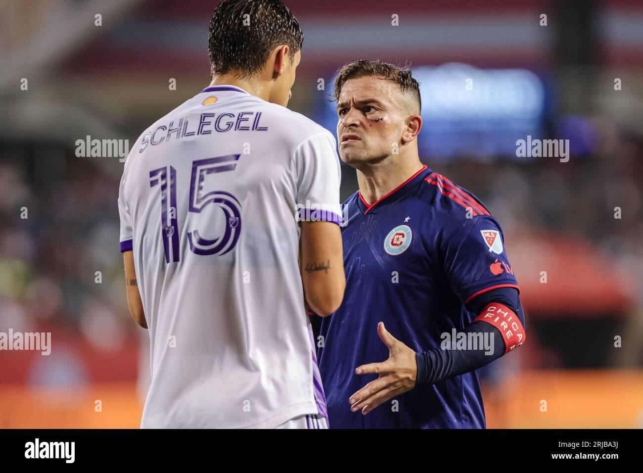 Xherdan Shaqiri de Chicago Fire montrant son émotion face au Schlegel #15 d'Orlando lors d'un match à Chicago le 20 août 2023. Banque D'Images