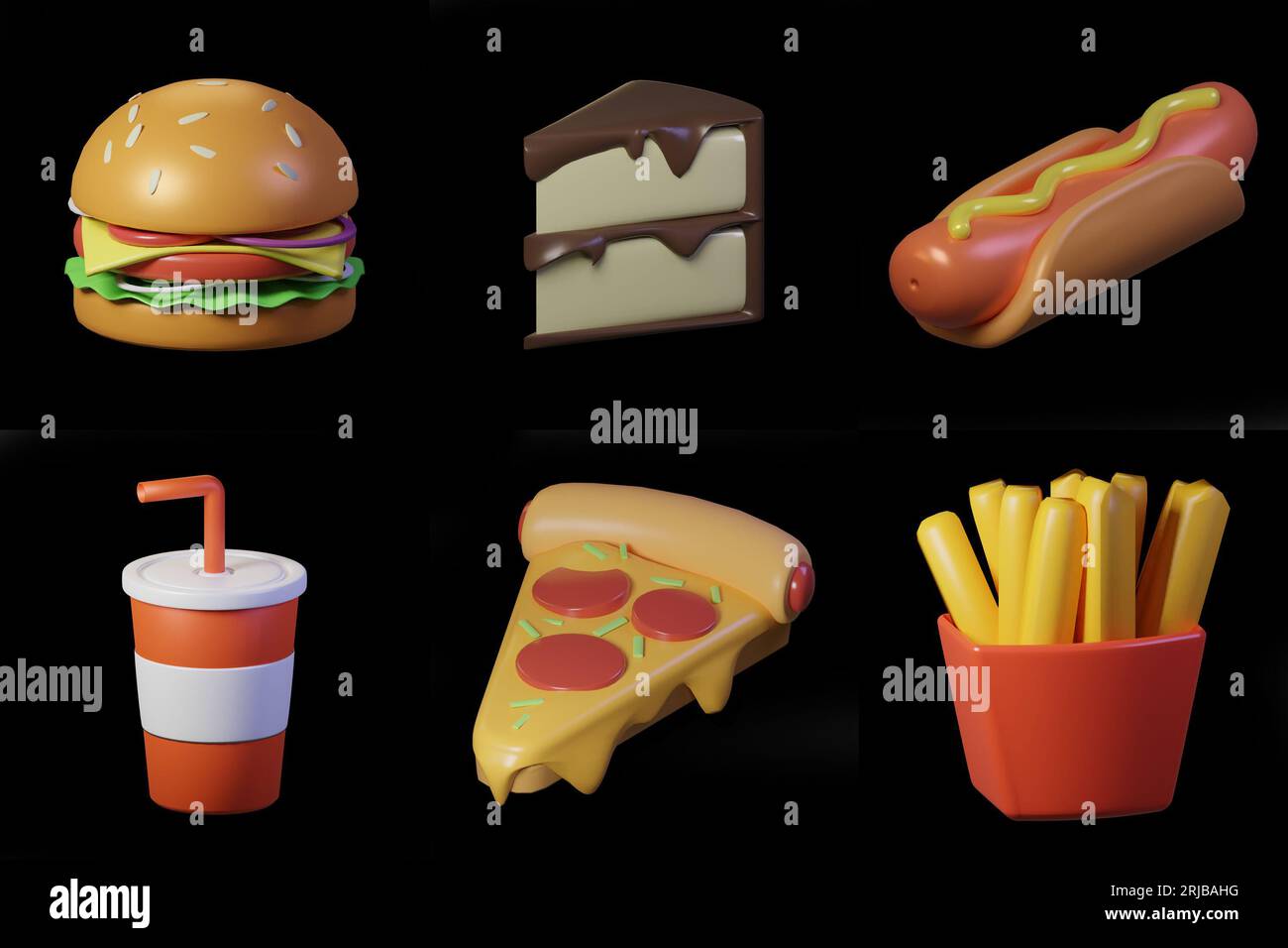 3d icon burger, cakek, hotdog, tasse, pizza en tranches, frites sur fond noir Banque D'Images