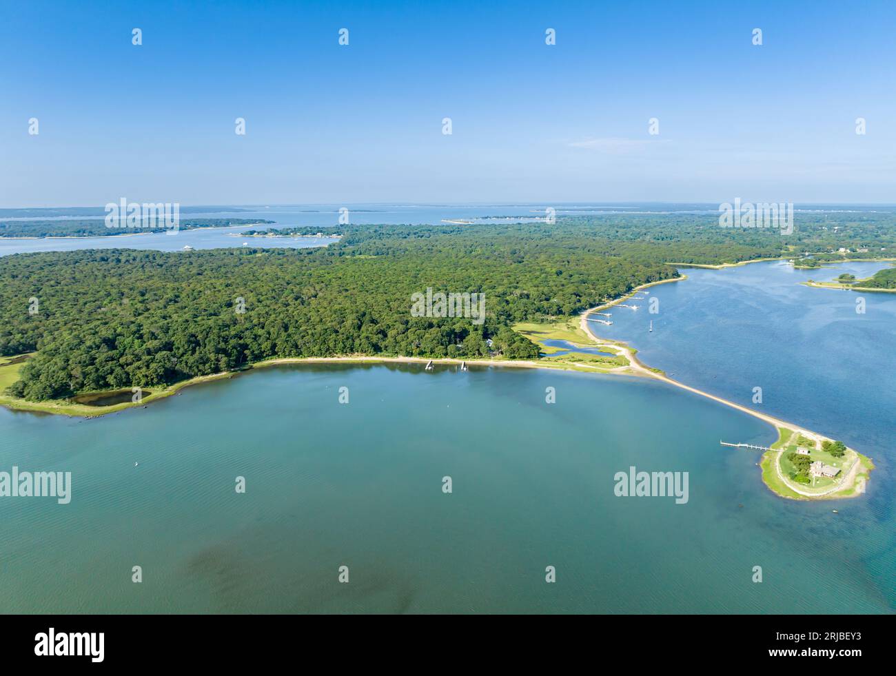 Vue aérienne de la cabane en rondins Smith-Taylor, île abri, ny Banque D'Images