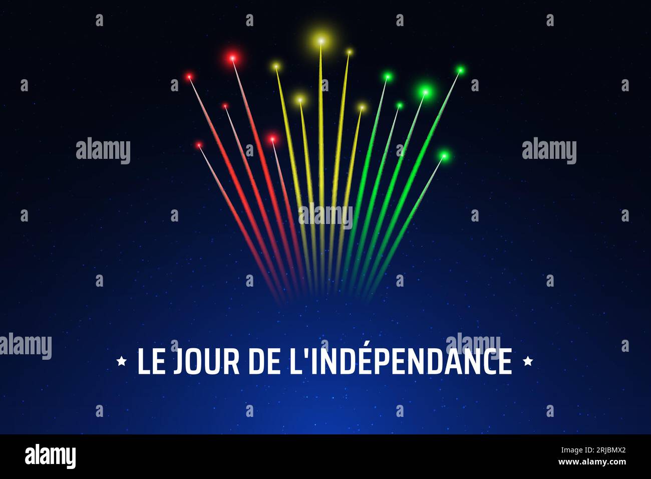 2 octobre, jour de l'indépendance de la guinée, drapeau coloré de feux d'artifice sur fond bleu de ciel nocturne. Carte de voeux. Fête nationale de Guinée 2 octobre. Vecteur. Illustration de Vecteur