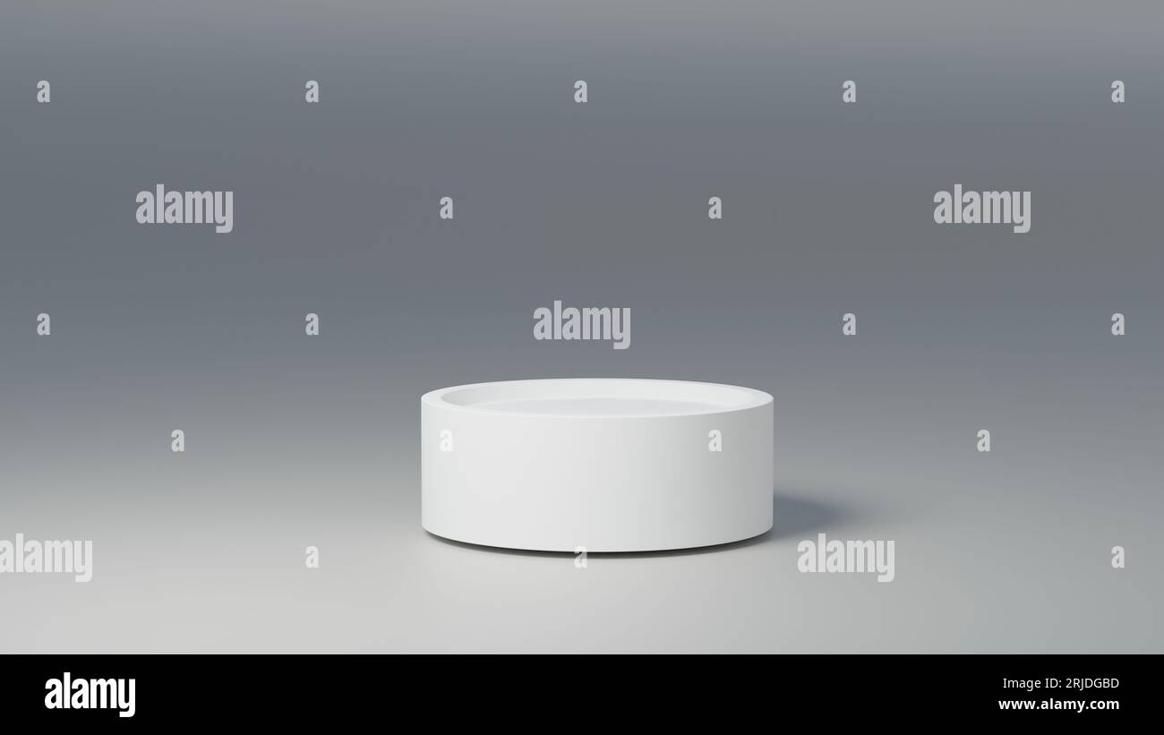 Plate-forme cylindrique blanche pour une vitrine de produit sur fond gris. Rendu 3D d'un piédestal pour une présentation de produit. Banque D'Images