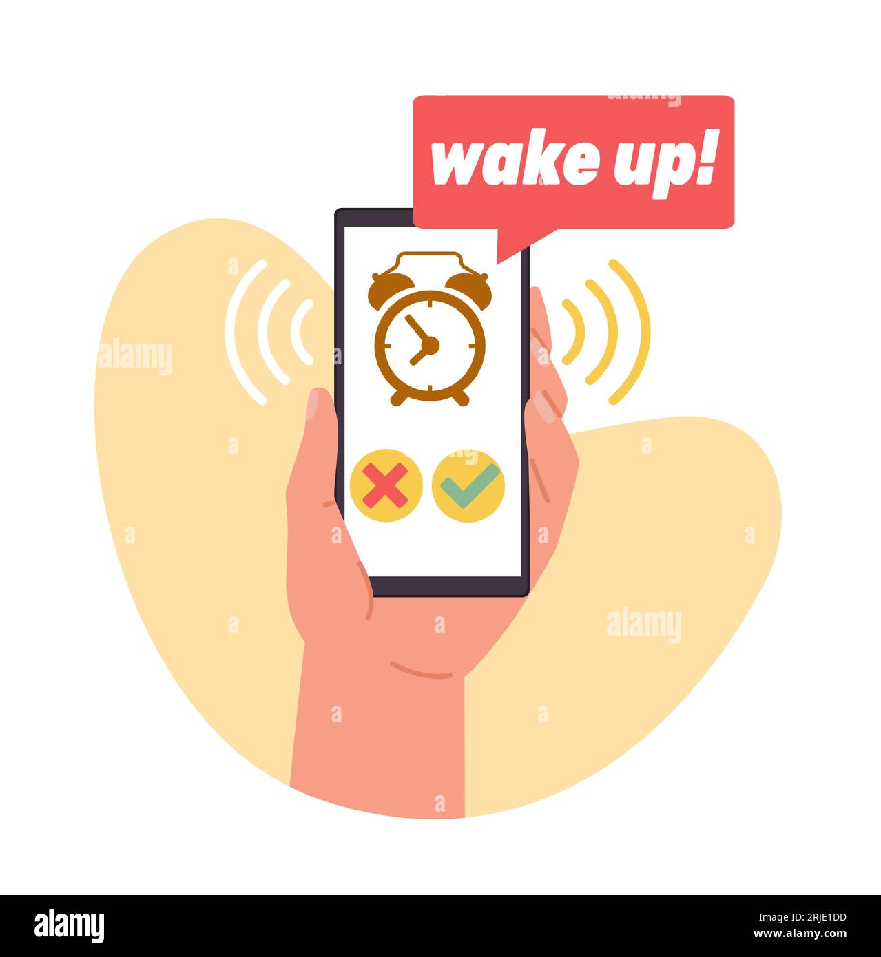 Réveil dans votre téléphone portable vous donne le réveil par téléphone. Tenir la main smartphone avec minuterie de réveil avec cloche sur l'écran de l'appareil. Conception des applications Illustration de Vecteur