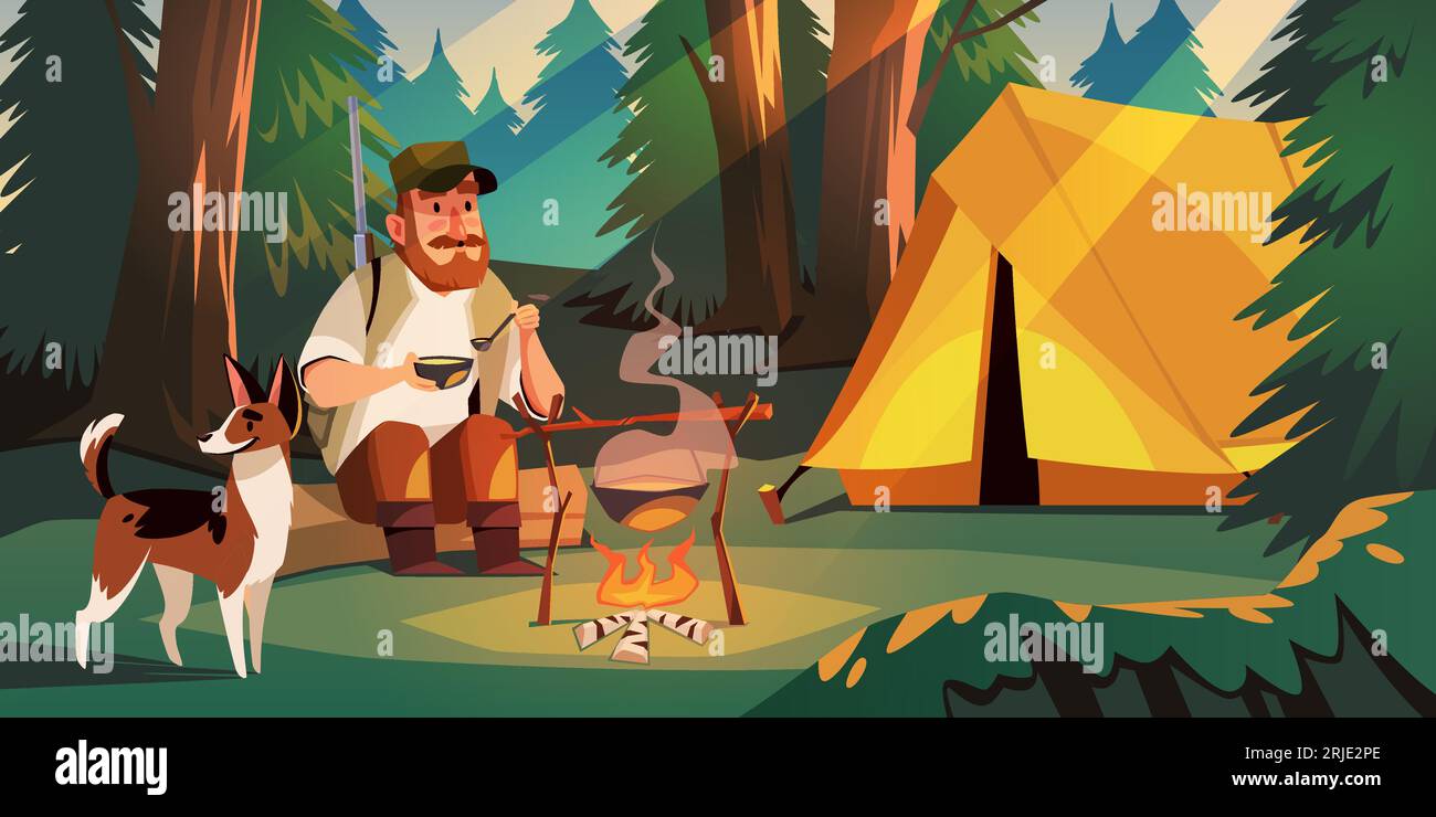 Chasseur sur la nature. Homme avec chien dans la forêt avec tente, amené à la recherche de gibier, gars mange de la soupe de pot, assis près du feu, camping avec feu de joie, randonnée Illustration de Vecteur