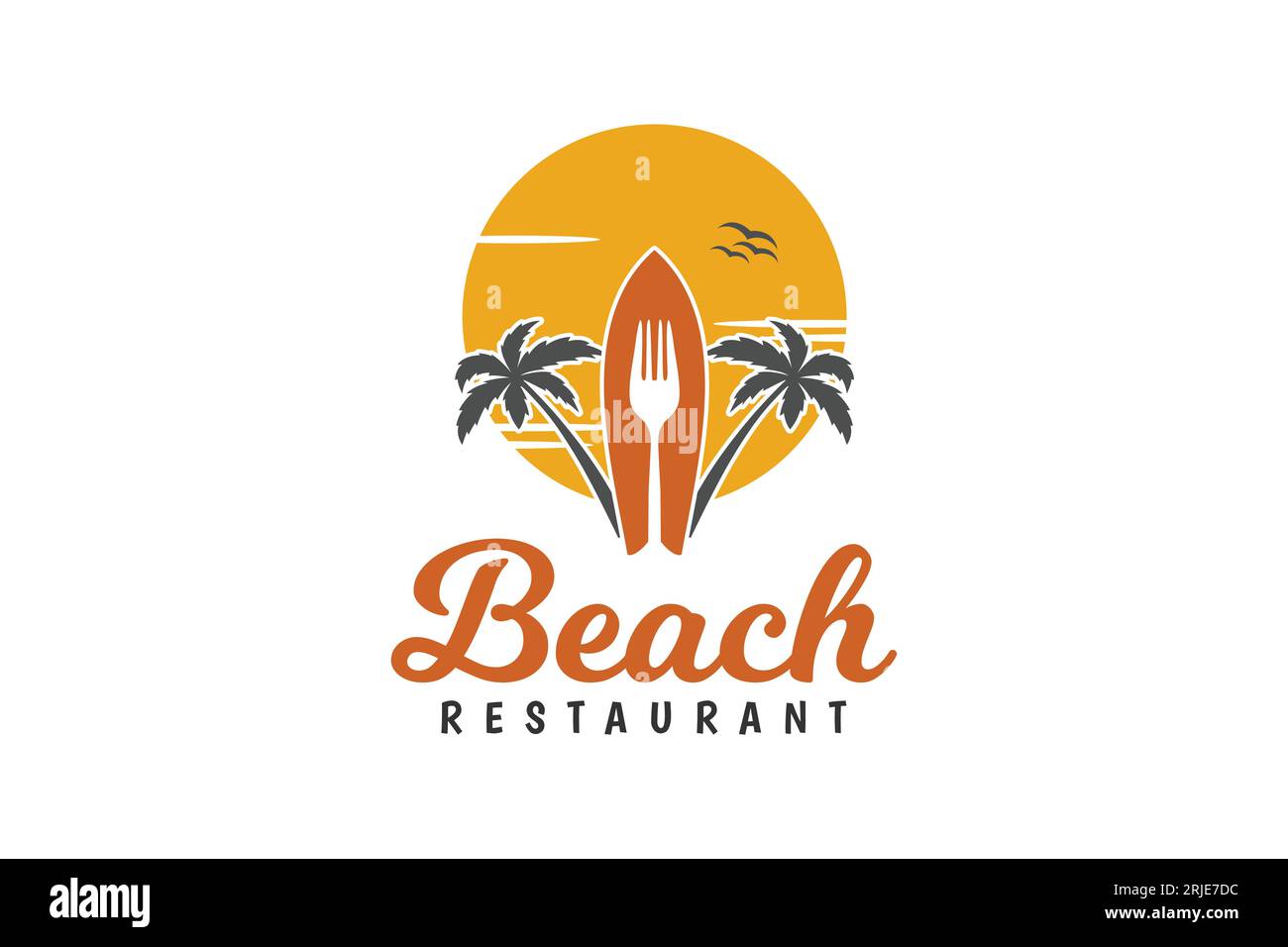Planche de surf, Fork et Palm pour le logo de restaurant de plage, design de logo de station Illustration de Vecteur