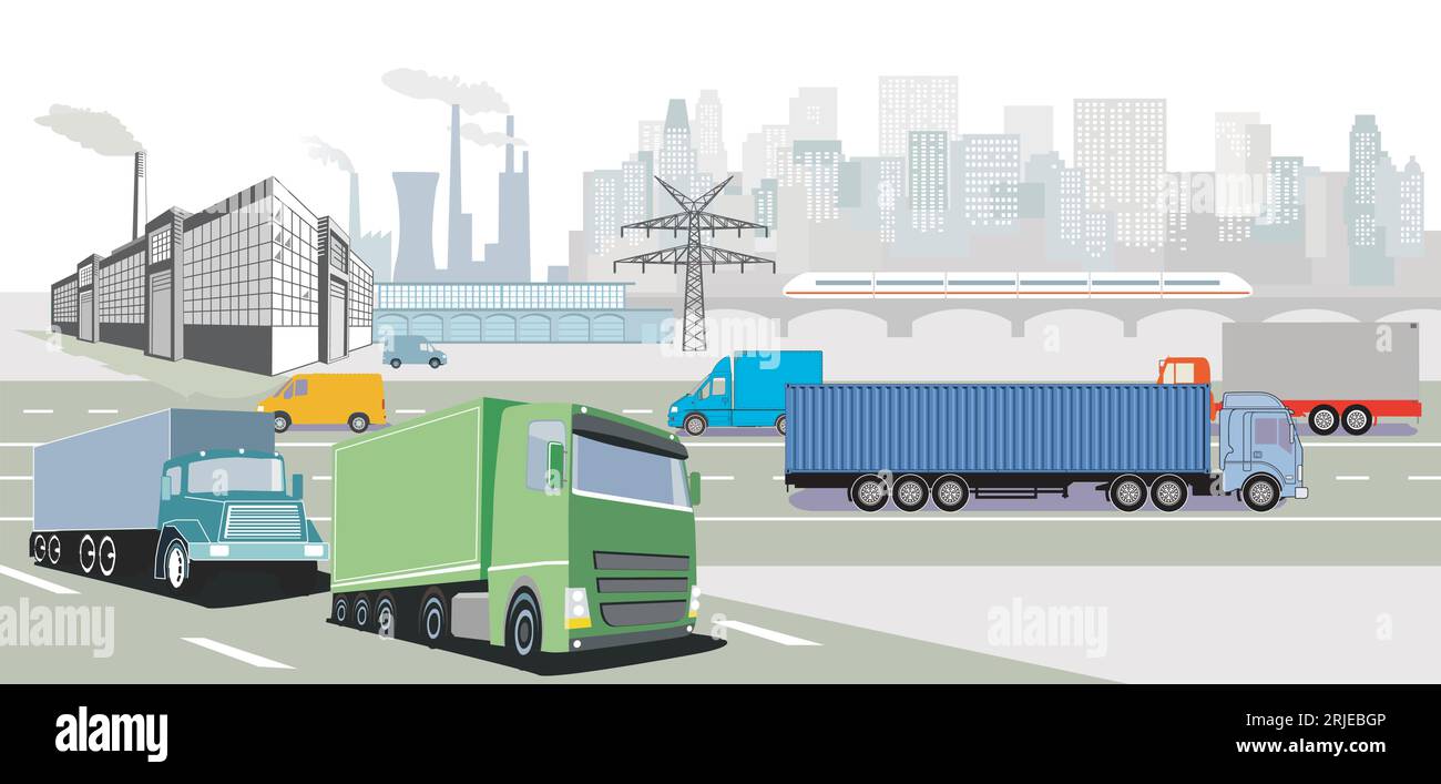 Usines et circulation des camions, illustration Illustration de Vecteur