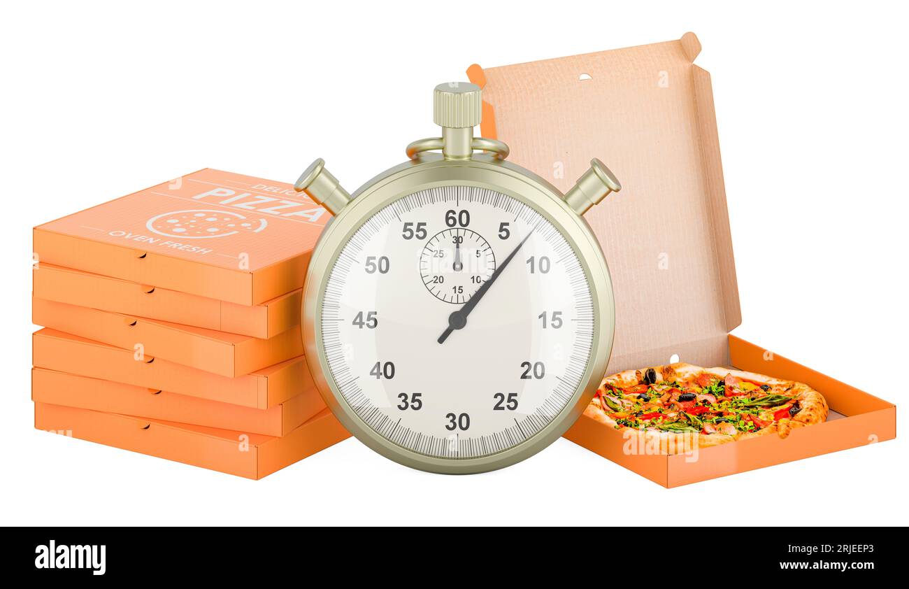 Boîtes à pizza avec chronomètre, rendu 3D isolé sur fond blanc Banque D'Images