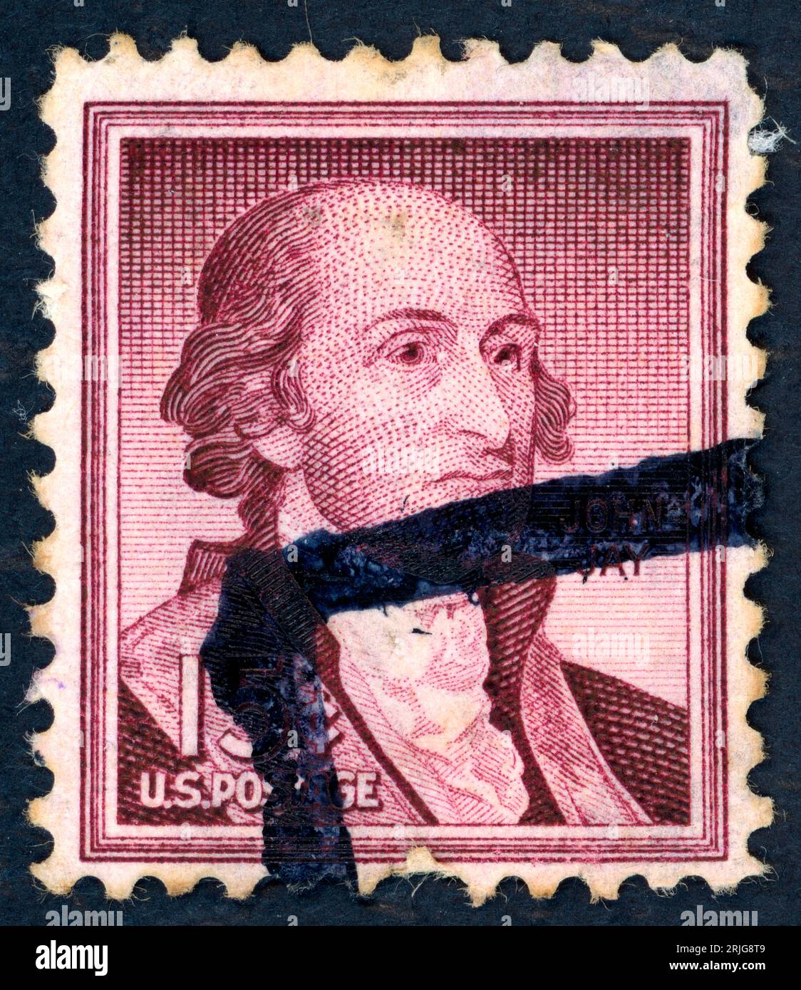 John Jay (1745 – 1829). Timbre-poste émis aux États-Unis en 1958. John Jay un père fondateur des États-Unis qui a servi la nouvelle nation dans le droit et la diplomatie. Il établit d'importants précédents judiciaires en tant que premier juge en chef des États-Unis (1789-95) et négocie le traité Jay de 1794, qui règle les principaux griefs avec la Grande-Bretagne et favorise la prospérité commerciale. Banque D'Images