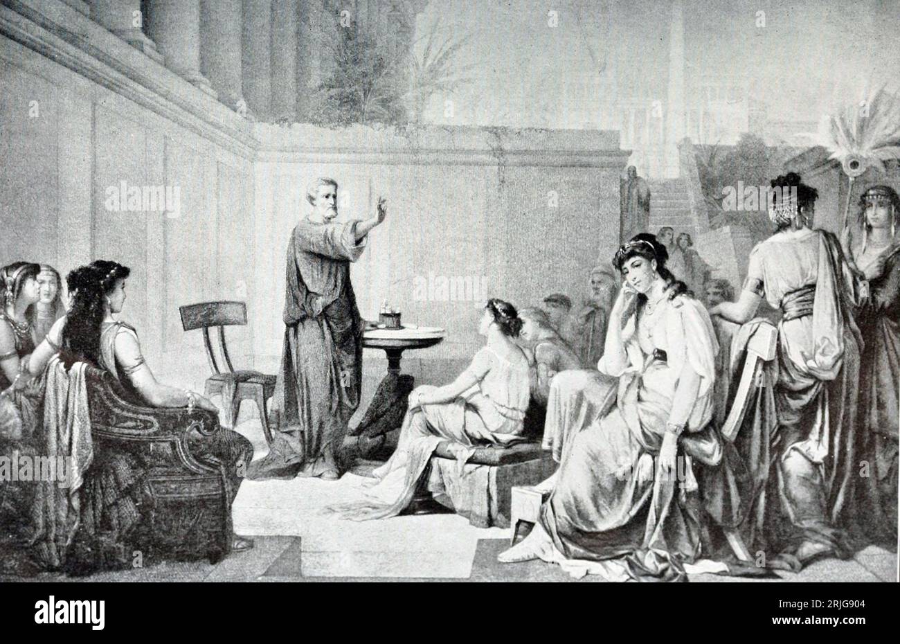 Pythagore, philosophe grec. Illustration montrant Pythagore enseignant une classe de femmes. Banque D'Images