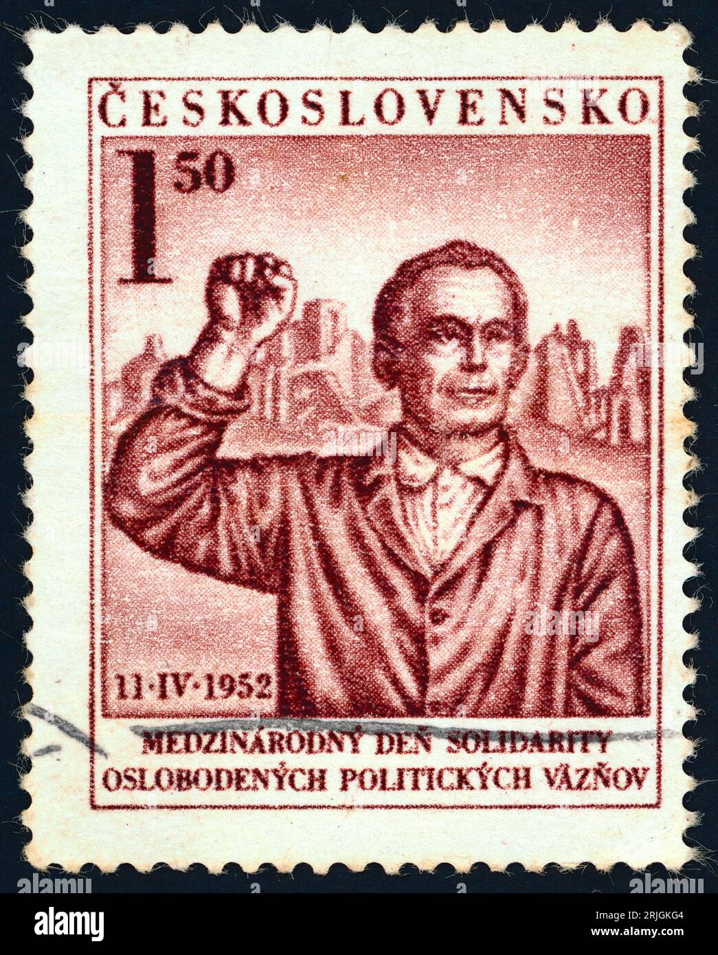 « Journée internationale de solidarité des prisonniers politiques libérés », 11 avril 1952. Timbre-poste émis en Tchécoslovaquie en 1952. La Journée internationale de libération des camps de concentration nazis est célébrée chaque année le 11 avril, en commémoration de la libération du camp de concentration de Buchenwald en 1945. Banque D'Images
