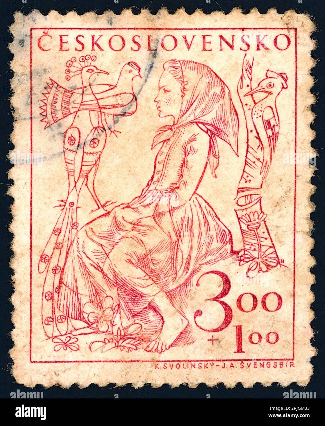Un gril avec des oiseaux – timbre d’une série de timbres consacrée aux enfants. Timbre-poste émis en Tchécoslovaquie en 1948. Banque D'Images