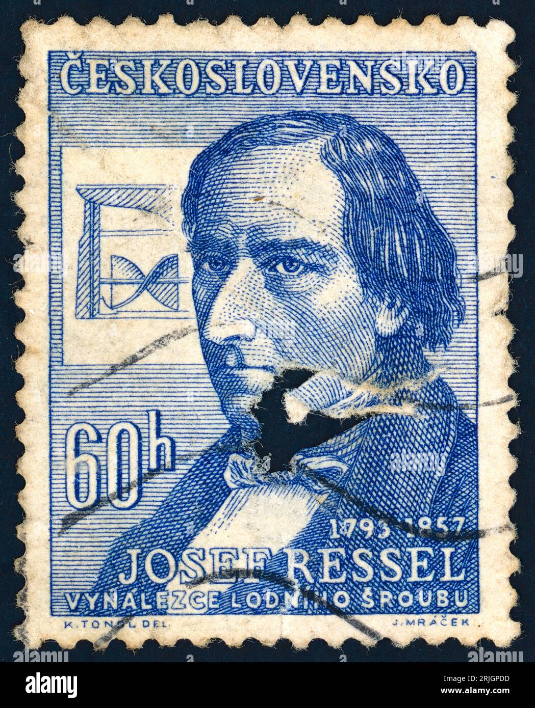 Joseph Ressel (1793 – 1857). Timbre-poste émis en Tchécoslovaquie en 1957. Joseph Ludwig Franz Ressel (en tchèque : Josef Ludvík František Ressel) était un forestier autrichien et inventeur, qui a conçu l'une des premières hélices de navire en activité. Banque D'Images
