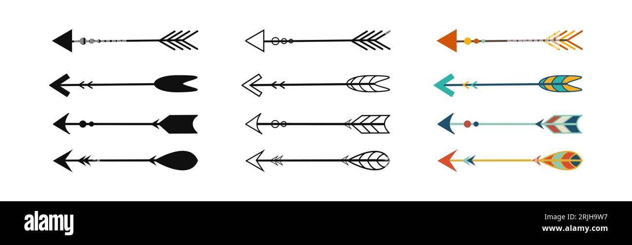 Ensemble de flèches d'anciennes tribus sauvages, Indiens, tribus africaines. Vecteur. Silhouette, contour, flèches colorées avec ornements. Équipement de chasse. Maya A. Illustration de Vecteur