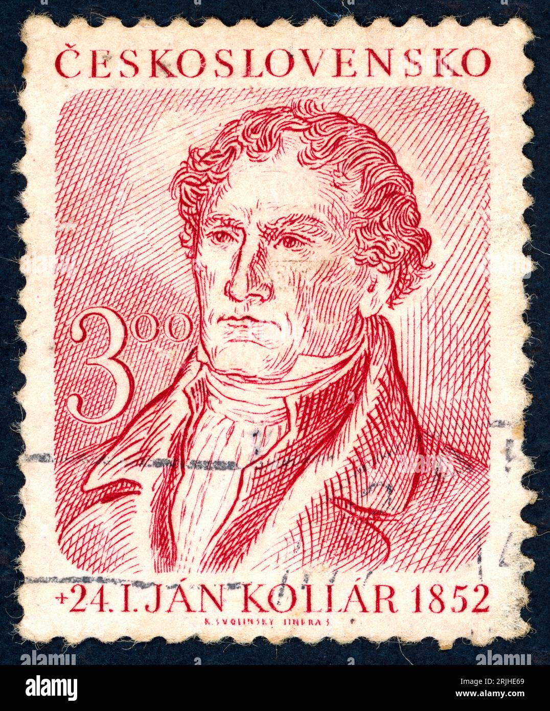 Ján Kollár (1793 – 1852). Timbre-poste émis en Tchécoslovaquie en 1952. Ján Kollár (hongrois : Kollár János) était un écrivain slovaque (principalement poète), archéologue, scientifique, pasteur luthérien, homme politique, et idéologue principal du Pan-slavisme. Banque D'Images