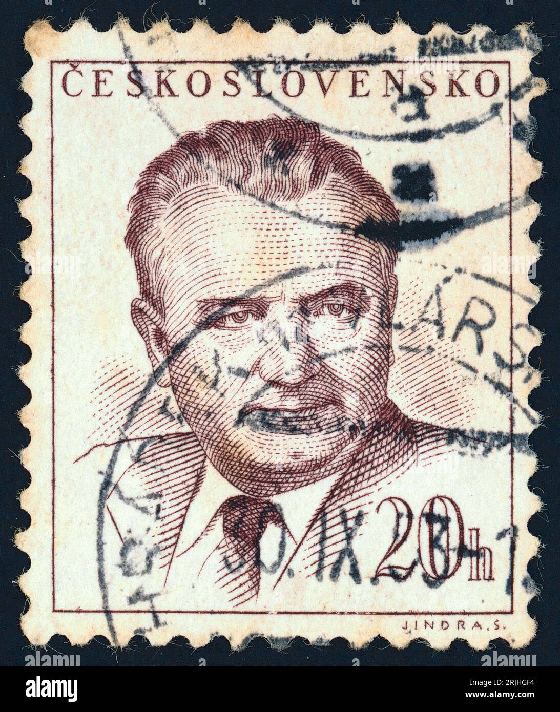 Klement Gottwald (1896 – 1953). Timbre-poste émis en Tchécoslovaquie en 1948. Klement Gottwald était un homme politique communiste tchèque, qui a été le chef du Parti communiste de Tchécoslovaquie de 1929 jusqu'à sa mort en 1953 - nommé secrétaire général jusqu'en 1945 et président de 1945 à 1953. Il fut le premier dirigeant de la Tchécoslovaquie communiste de 1948 à 1953. Banque D'Images