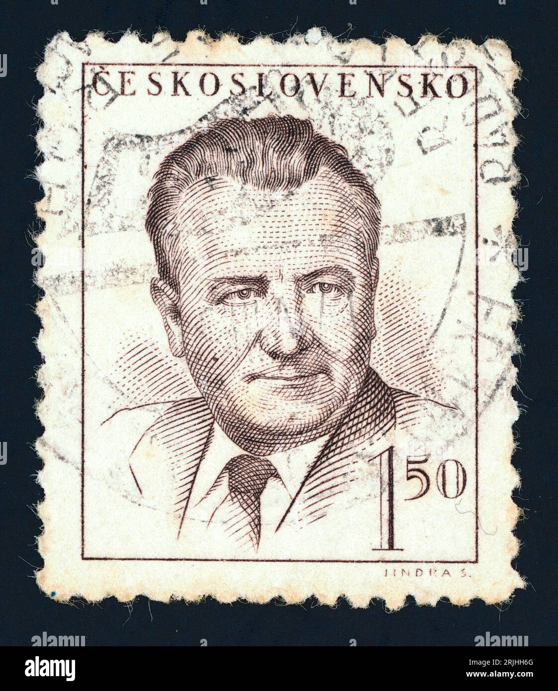 Klement Gottwald (1896 – 1953). Timbre-poste émis en Tchécoslovaquie en 1948. Klement Gottwald était un homme politique communiste tchèque, qui a été le chef du Parti communiste de Tchécoslovaquie de 1929 jusqu'à sa mort en 1953 - nommé secrétaire général jusqu'en 1945 et président de 1945 à 1953. Il fut le premier dirigeant de la Tchécoslovaquie communiste de 1948 à 1953. Banque D'Images