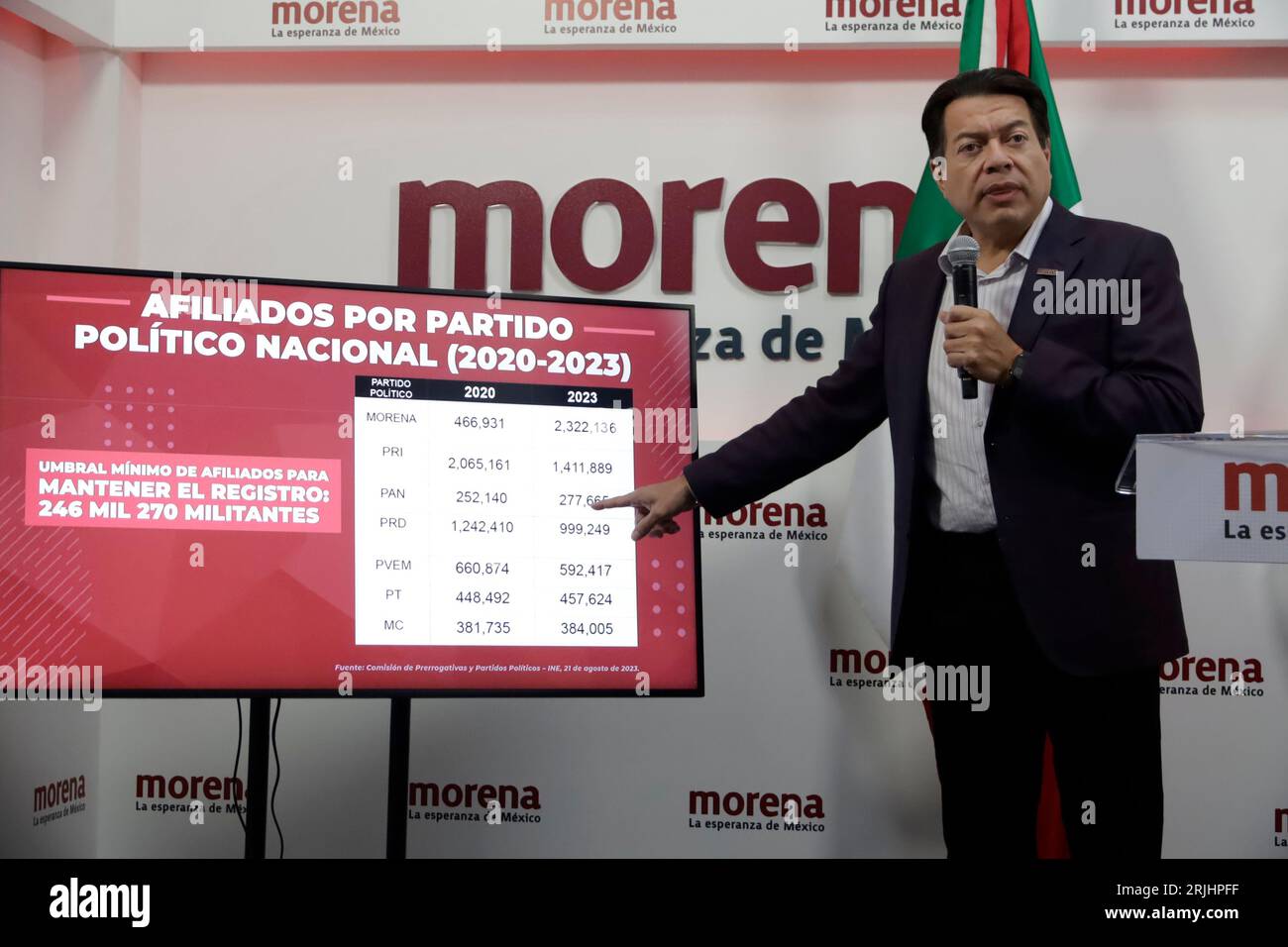 Mexico, Mexique. 22 août 2023. 22 août 2023, Mexico, Mexique : le président du mouvement de régénération nationale, Mario Delgado Carrillo, lors de la conférence de presse au siège national du parti à Mexico. Le 22 août 2023 à Mexico, Mexique (photo de Luis Barron/Eyepix Group). Crédit : EYEPIX Group/Alamy Live News Banque D'Images