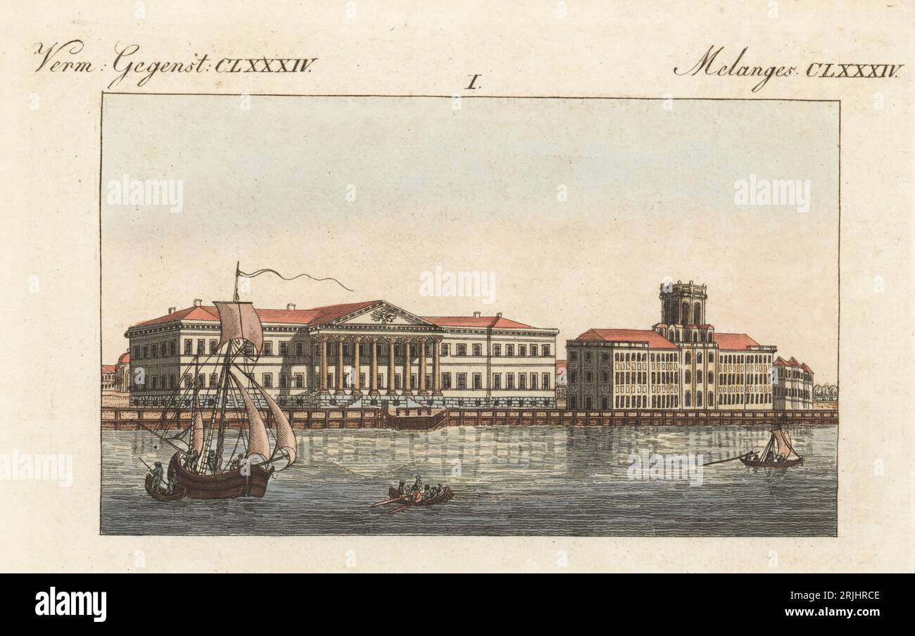 Académie impériale des sciences à St. Petersburg, Russie. Fondé par Pierre le Grand en 1724 sur Universitetskaya Embankment. La Kunstkamera avec tour d'observation à côté est maintenant le Musée Pierre le Grand d'Anthropologie et d'Ethnographie. Gravure sur cuivre colorée à la main de Carl Bertuch's Bilderbuch fur Kinder (Livre d'images pour enfants), Weimar, 1813. Une encyclopédie pour enfants en 12 volumes illustrée de près de 1 200 planches gravées sur l'histoire naturelle, la science, le costume, la mythologie, etc., publié de 1790 à 1830. Banque D'Images