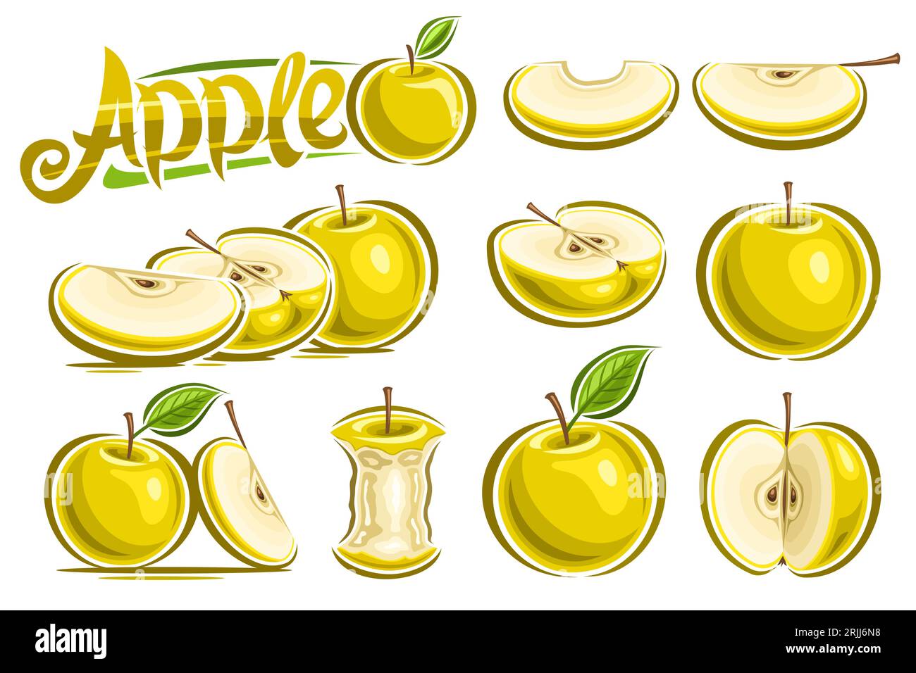 Vector Yellow Apple Set, collection de compositions de pommes d'or fruitées de dessin animé, ensemble de diverses illustrations de contours de fruits coupés en tranches Illustration de Vecteur