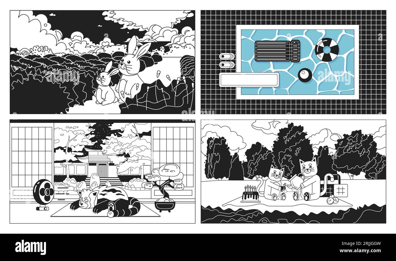Kawaii animaux noir et blanc mignon chill lo fi fonds d'écran ensemble Illustration de Vecteur