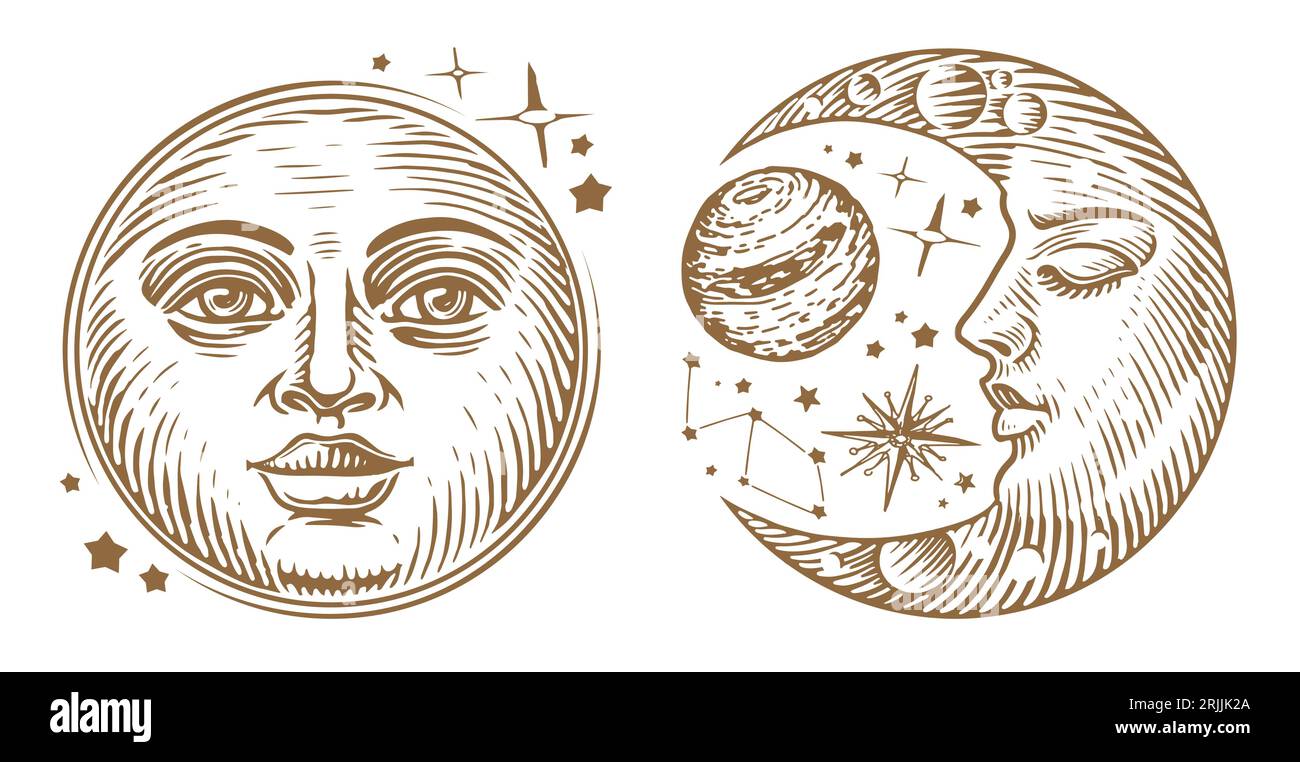 Croissant, lune avec visage et étoiles. Signe magique ésotérique et occulte. Astrologie gravure vecteur illustration vintage Illustration de Vecteur