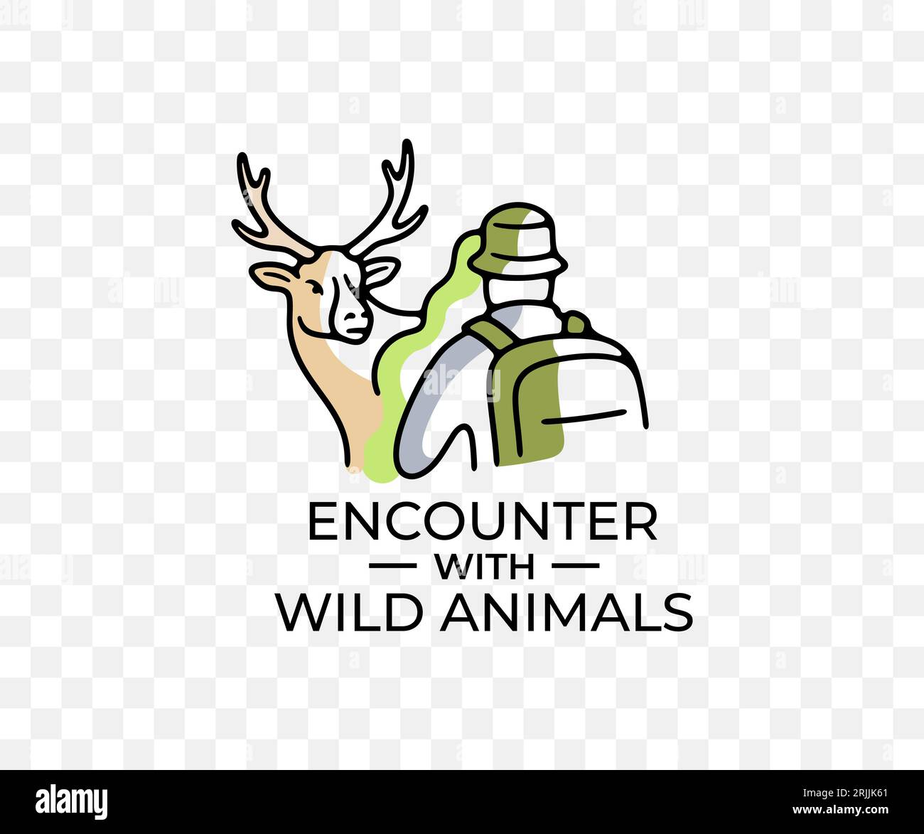 Rencontre avec des animaux sauvages dans la nature sauvage, design graphique coloré. Voyage, randonnée, aventure, touriste, élan, cerf et cerf, conception vectorielle Illustration de Vecteur