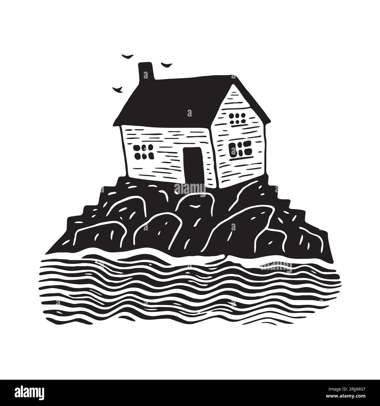 Illustration d'impression de bloc de cabane de plage fantaisiste pour le concept de voyage tropical. Vector maison côtière stylisée pour les vacances. Illustration de Vecteur