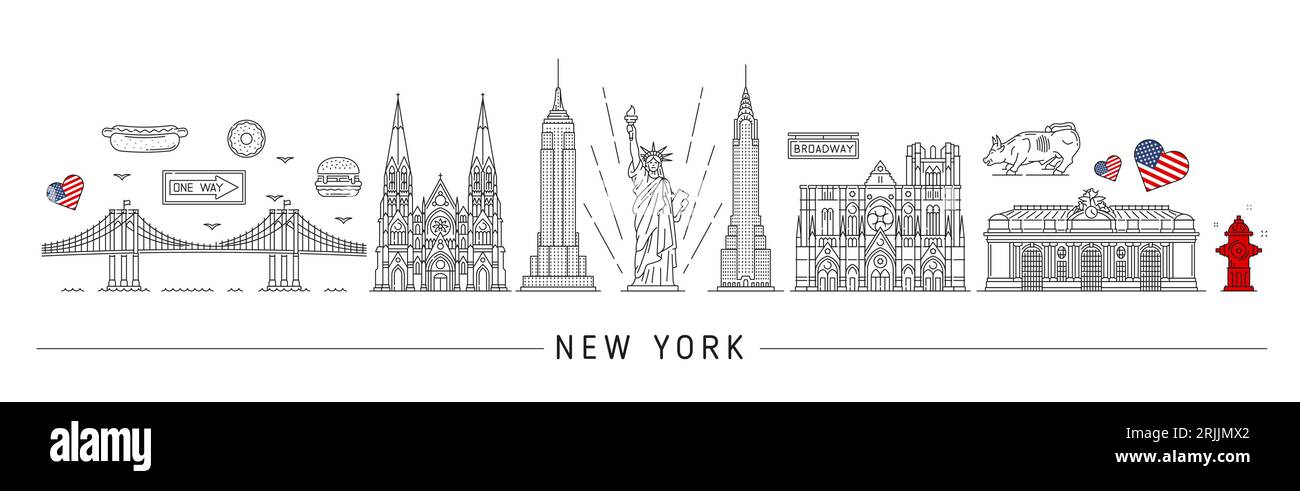 Silhouette New-yorkaise. USA Voyage monuments de vecteur ligne mince Statue de la liberté, pont de Brooklyn, hot dog et hamburger. Chrysler et Empire State Bui Illustration de Vecteur