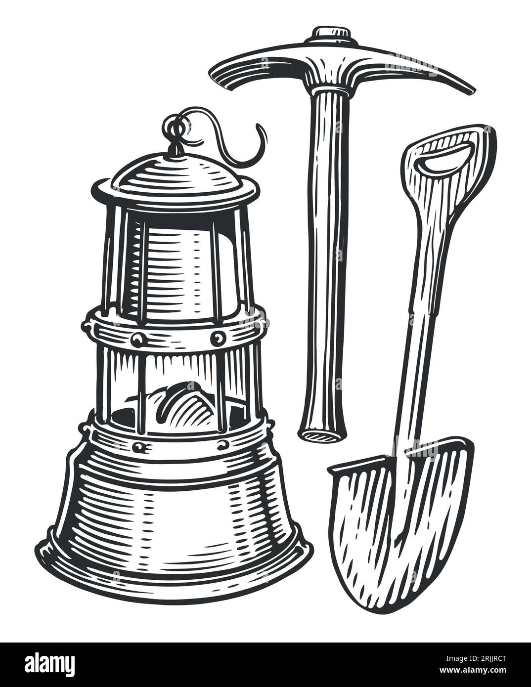 Outils miniers, pelle, pioche et lanterne dans le style de gravure vintage. Illustration vectorielle d'esquisse Illustration de Vecteur