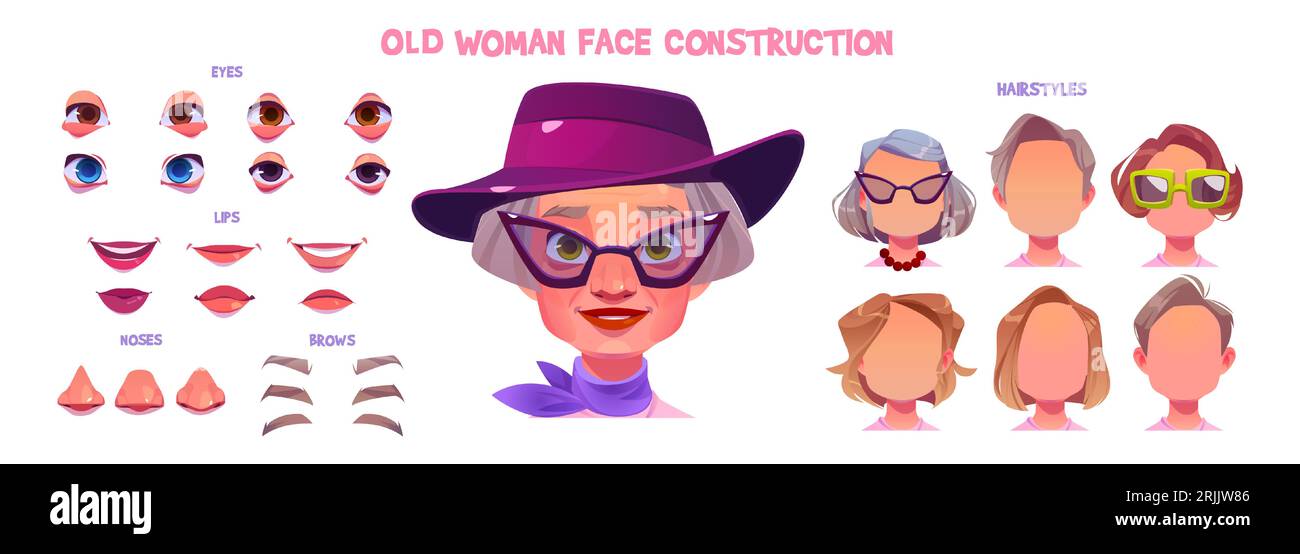 Vieille femme personnage de construction de visage de vecteur de dessin animé ensemble isolé sur fond blanc. Femme senior, tête de grand-mère avec coiffure, yeux, lèvres, nez et sourcils éléments mis pour la personne âgée Illustration de Vecteur