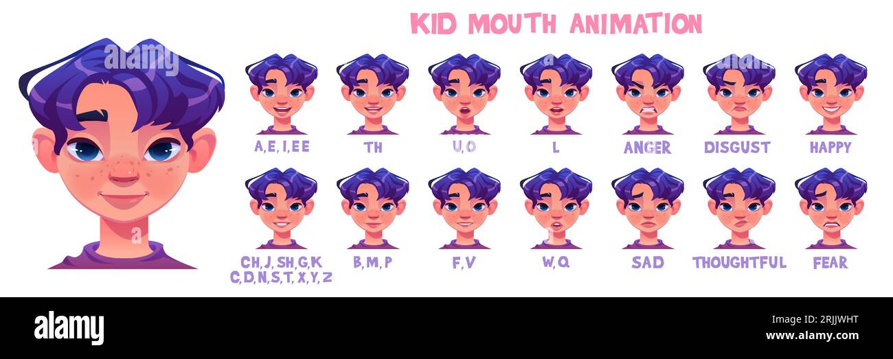 Animation de bouche de garçon d'enfant - expressions faciales avec différentes émotions et positions de caractéristiques lors de la prononciation des lettres de l'alphabet. Ensemble d'illustration vectorielle de dessin animé de mouvement parlant de parties de visage. Illustration de Vecteur