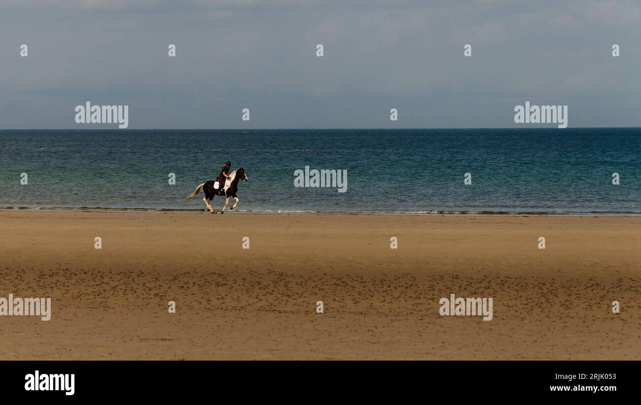 Ballywalter, comté de Down, Irlande du Nord juillet 13 2023 - Femme à cheval sur la plage de Ballywalter Banque D'Images