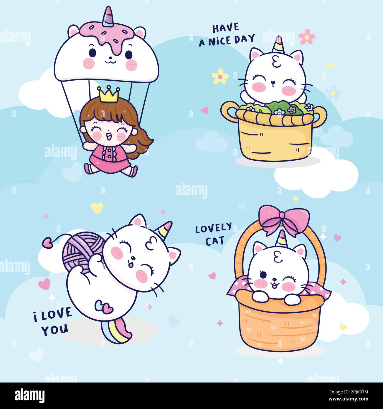 Set of cute cartoon unicorns in a basket. Vector illustration Illustration de Vecteur