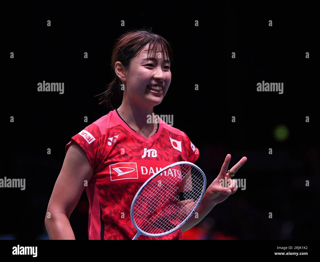 Copenhague, Danemark. 22 août 2023. Okuhara Nozomi, du Japon, pose après le match de la ronde féminine de 32 contre Pusarla V. Sindhu, de l'Inde, aux Championnats du monde BWF 2023 à Copenhague, Danemark, le 22 août 2023. Crédit : REN Pengfei/Xinhua/Alamy Live News Banque D'Images