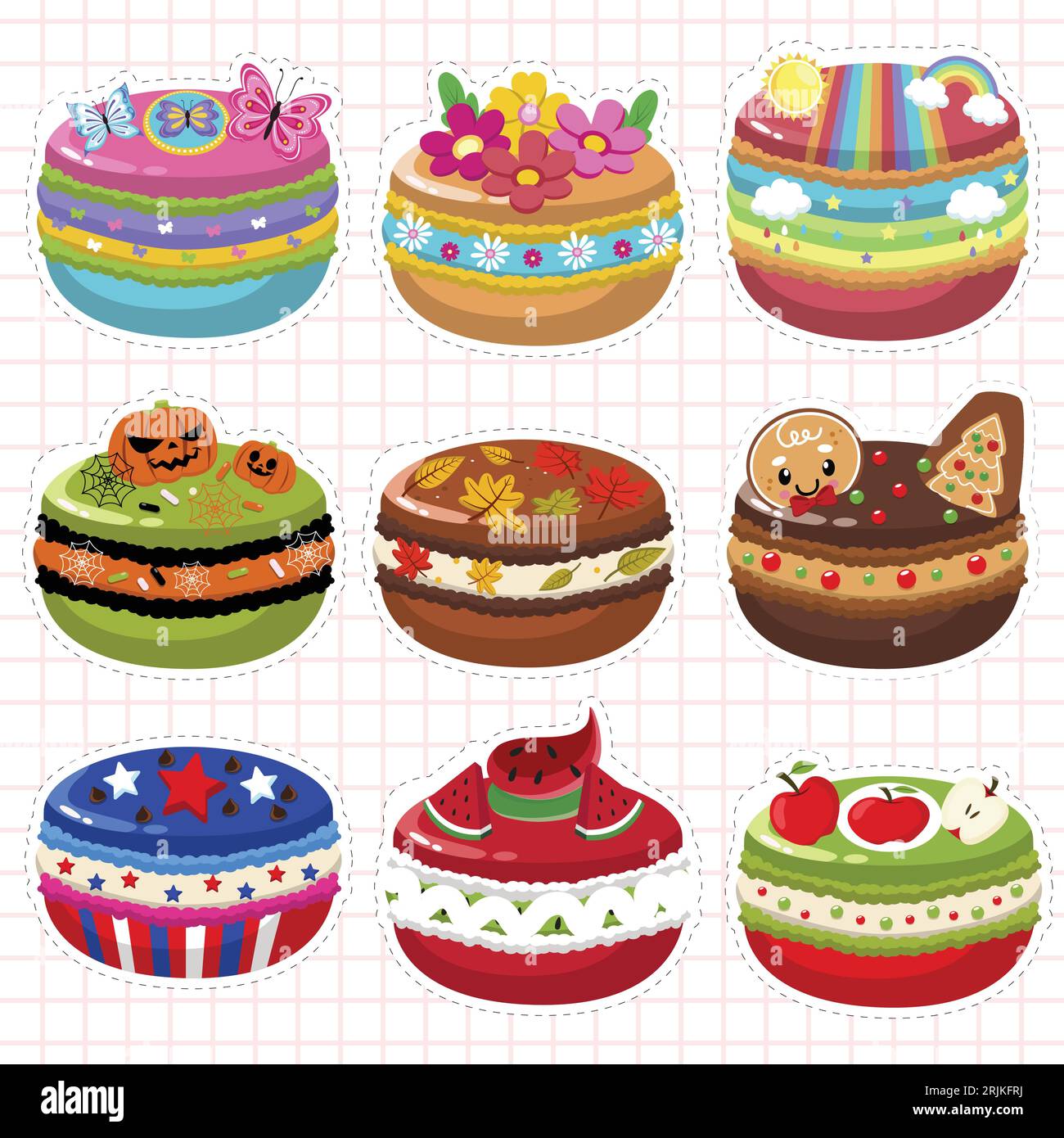 Ensemble de cupcakes de dessin animé différent. Délicieuse collection de muffins. Illustration de Vecteur