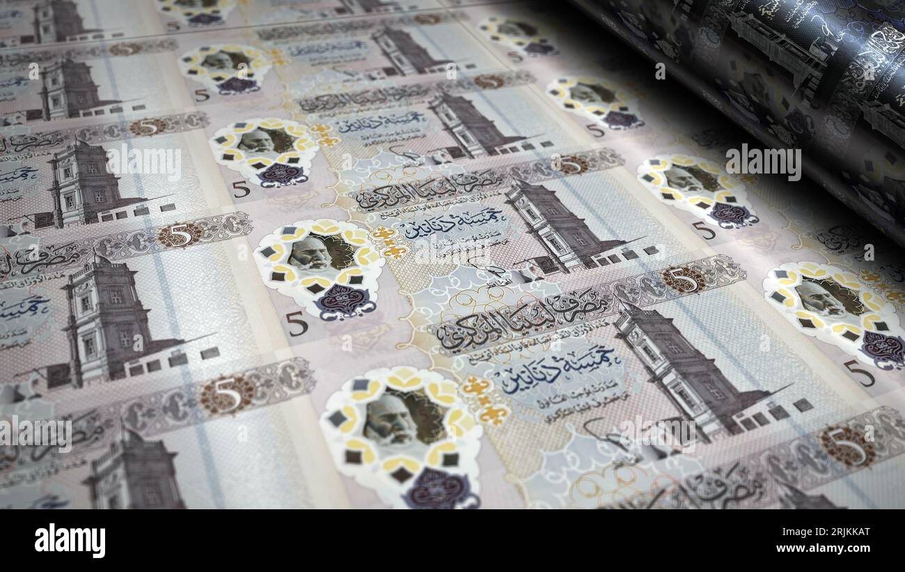 Libyan Dinar Money impression illustration 3d. 5 impression de billets de banque LYD. Concept de finance, trésorerie, crise économique, réussite commerciale, récession, banque, taxe an Banque D'Images