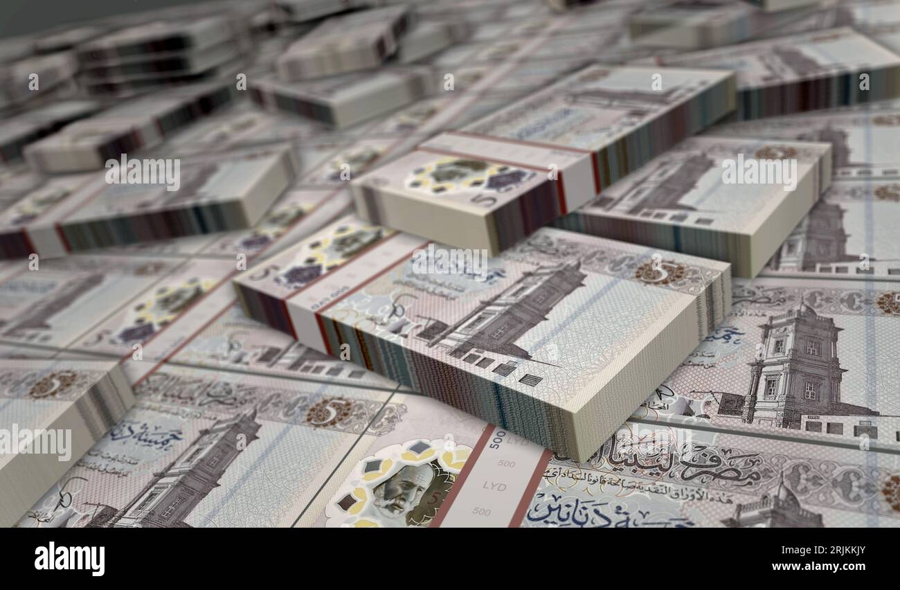 Libyan Dinar Money impression illustration 3d. 5 impression de billets de banque LYD. Concept de finance, trésorerie, crise économique, réussite commerciale, récession, banque, taxe an Banque D'Images