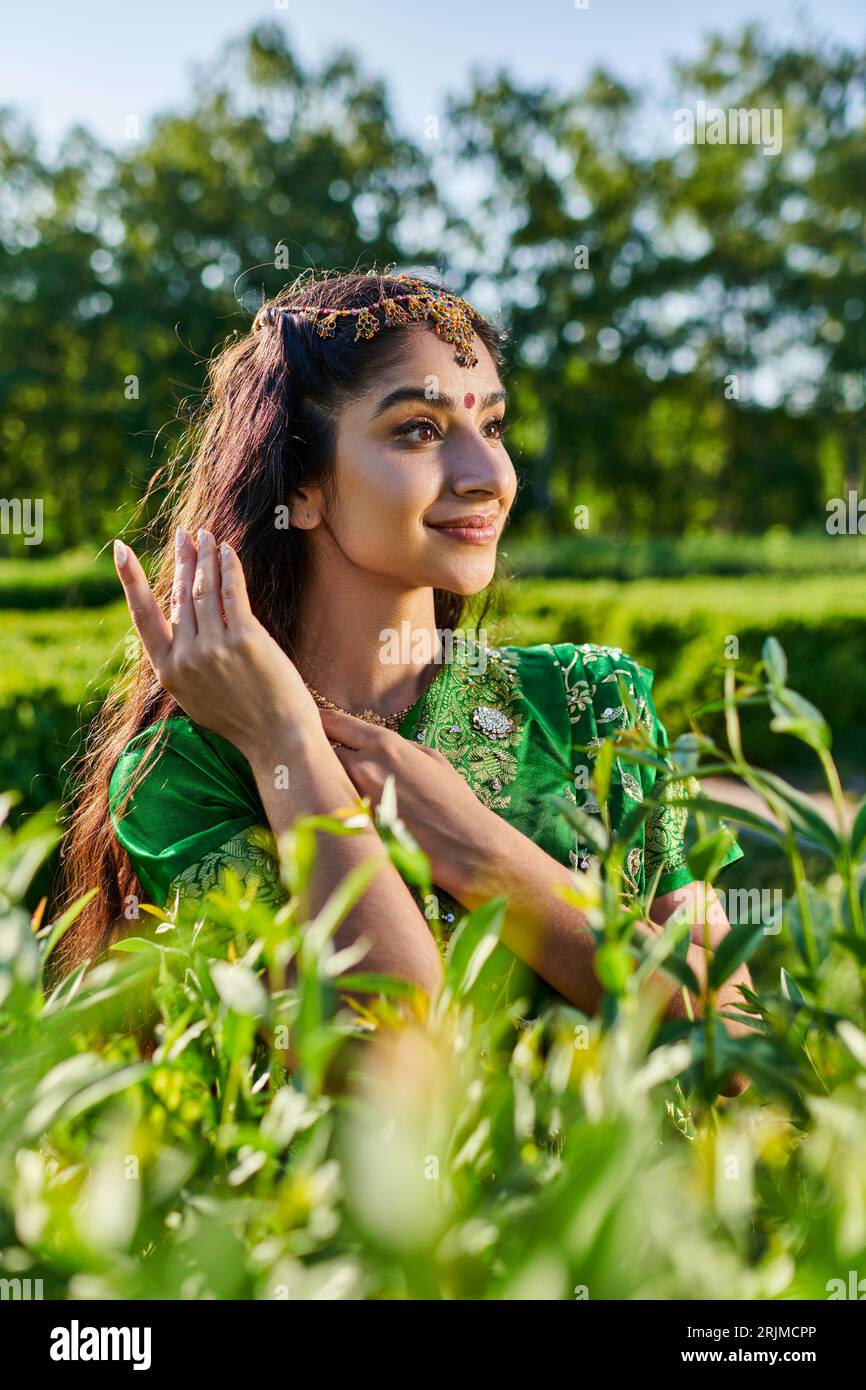 portrait de jeune femme indienne joyeuse dans sari regardant loin tout en se tenant près des plantes dans le parc Banque D'Images