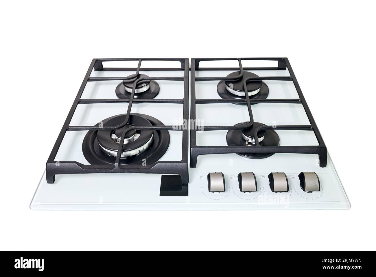 Cuisinière à gaz moderne en verre blanc trempé utilisant du gaz naturel ou du propane pour les produits de cuisson, isolé sur fond blanc. Banque D'Images