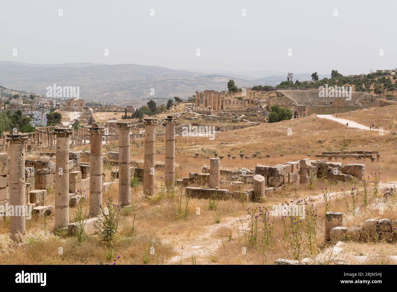 Aperçu des vestiges de l'ancienne ville gréco-romaine de Gerasa dans l'actuel Jerash, Gouvernorat de Jerash, nord de la Jordanie Banque D'Images