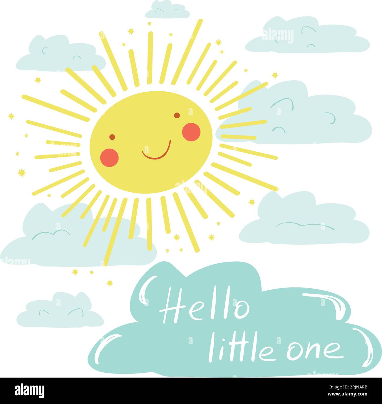 Carte de vœux Hello Little One. Lettrage et soleil heureux. Pour célébrer un accouchement, un anniversaire, une grossesse et une douche de bébé Illustration de Vecteur