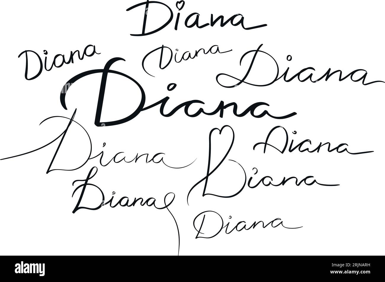 Nom féminin Diana écrit dans différentes écritures. Nom de la fille lettrage manuscrit calligraphie dactylographiée. Art vectoriel Illustration de Vecteur