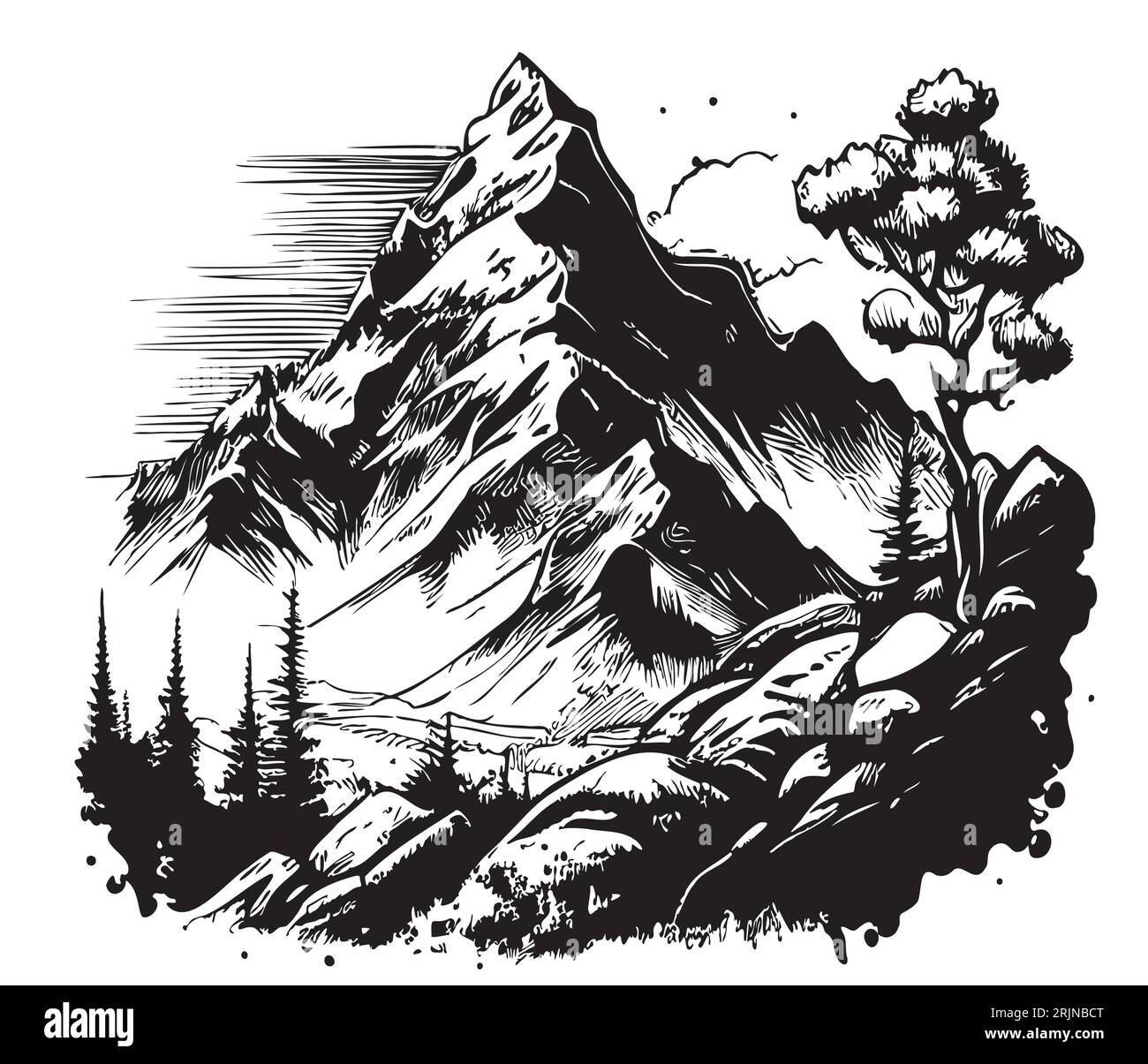 Illustration de croquis dessinés à la main dans les montagnes et la forêt Illustration de Vecteur
