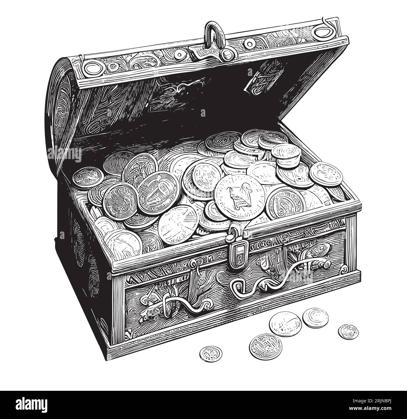 Coffre avec de l'argent et des pièces de monnaie et croquis dessiné à la main au Trésor Illustration de Vecteur