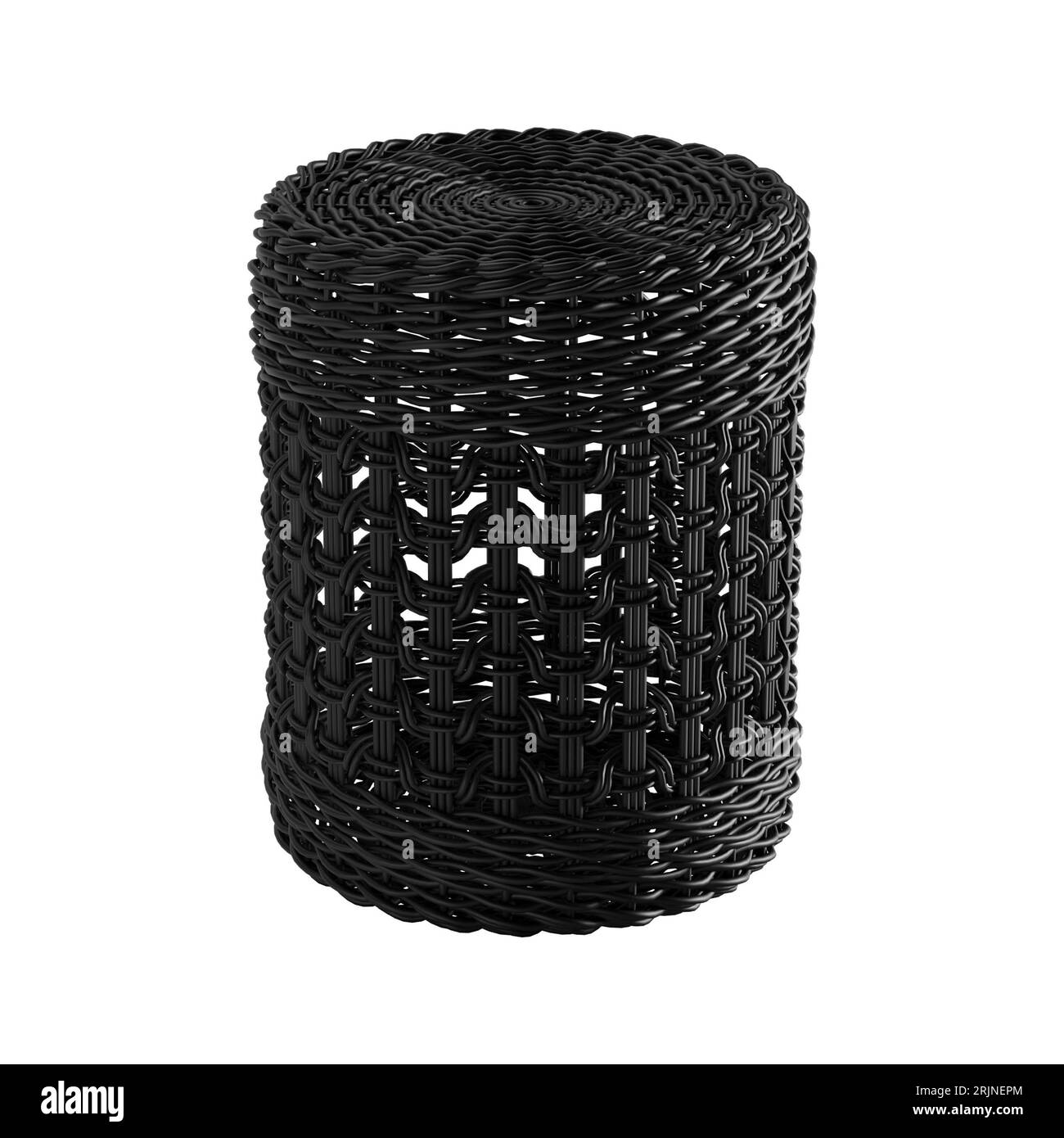 Cette image stock présente un pouf en rotin dans un studio avec un fond blanc Banque D'Images