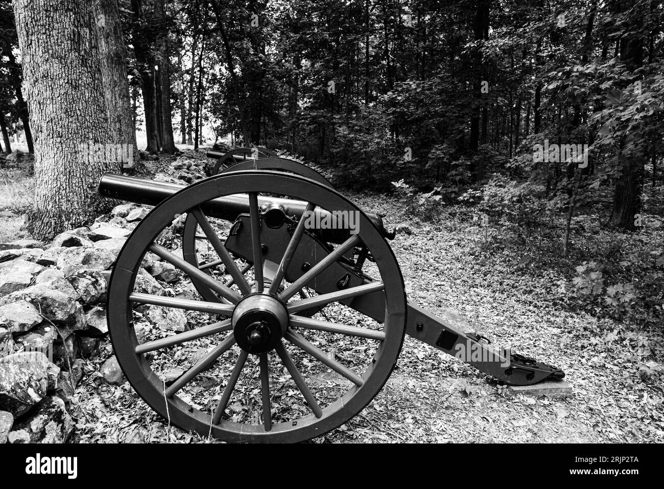 Une vue monochrome de deux canons vintage noirs au parc militaire national de Gettysburg Banque D'Images