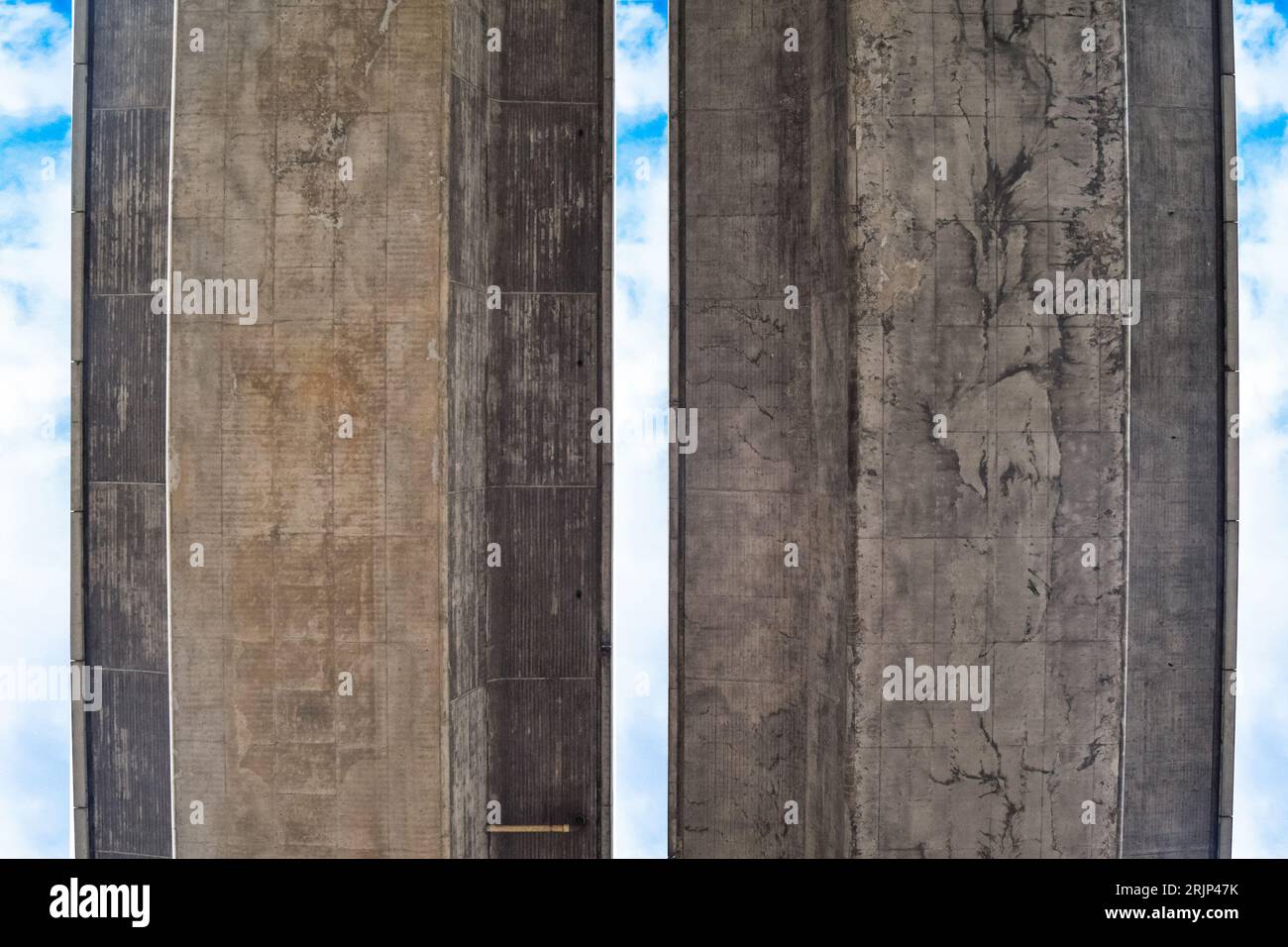 Bottom view of two roads next to each other and clouds in the sky on the Radotin Bridge near Prague, Czech Republic Banque D'Images