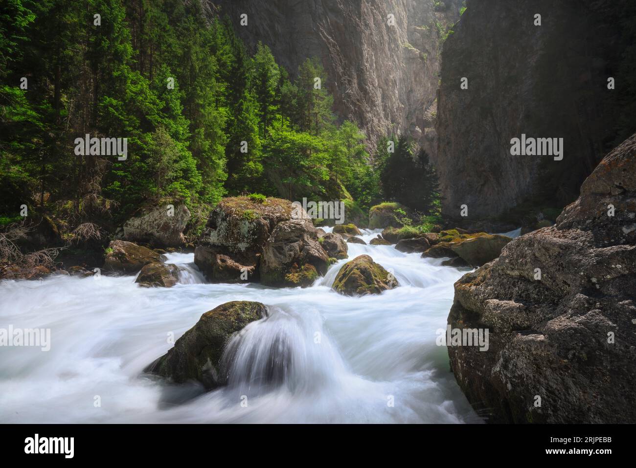 Le ruisseau dans l'Orrido du pré Saint Didier, une vue en été sur ce ravin profond de la vallée d'Aoste. Italie. Banque D'Images