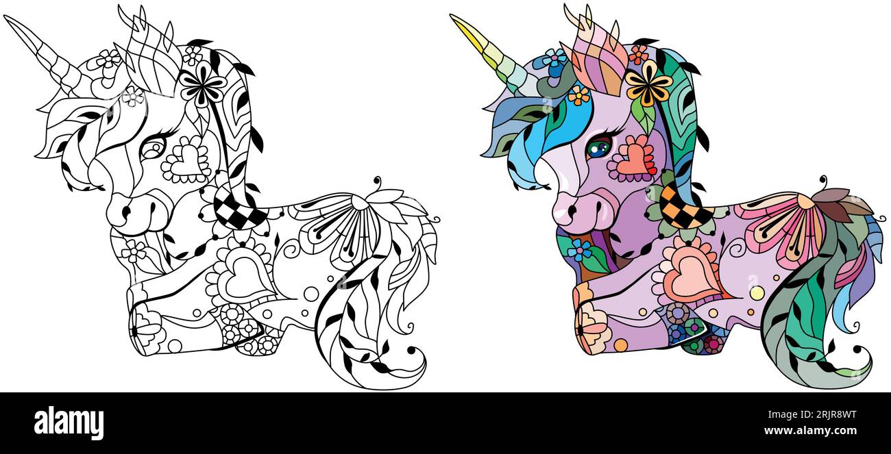 Licorne style zentangle. Peut être utilisé pour l'impression sur t-shirt, papier peint ou affiche. Jeu de couleurs et de contours Illustration de Vecteur