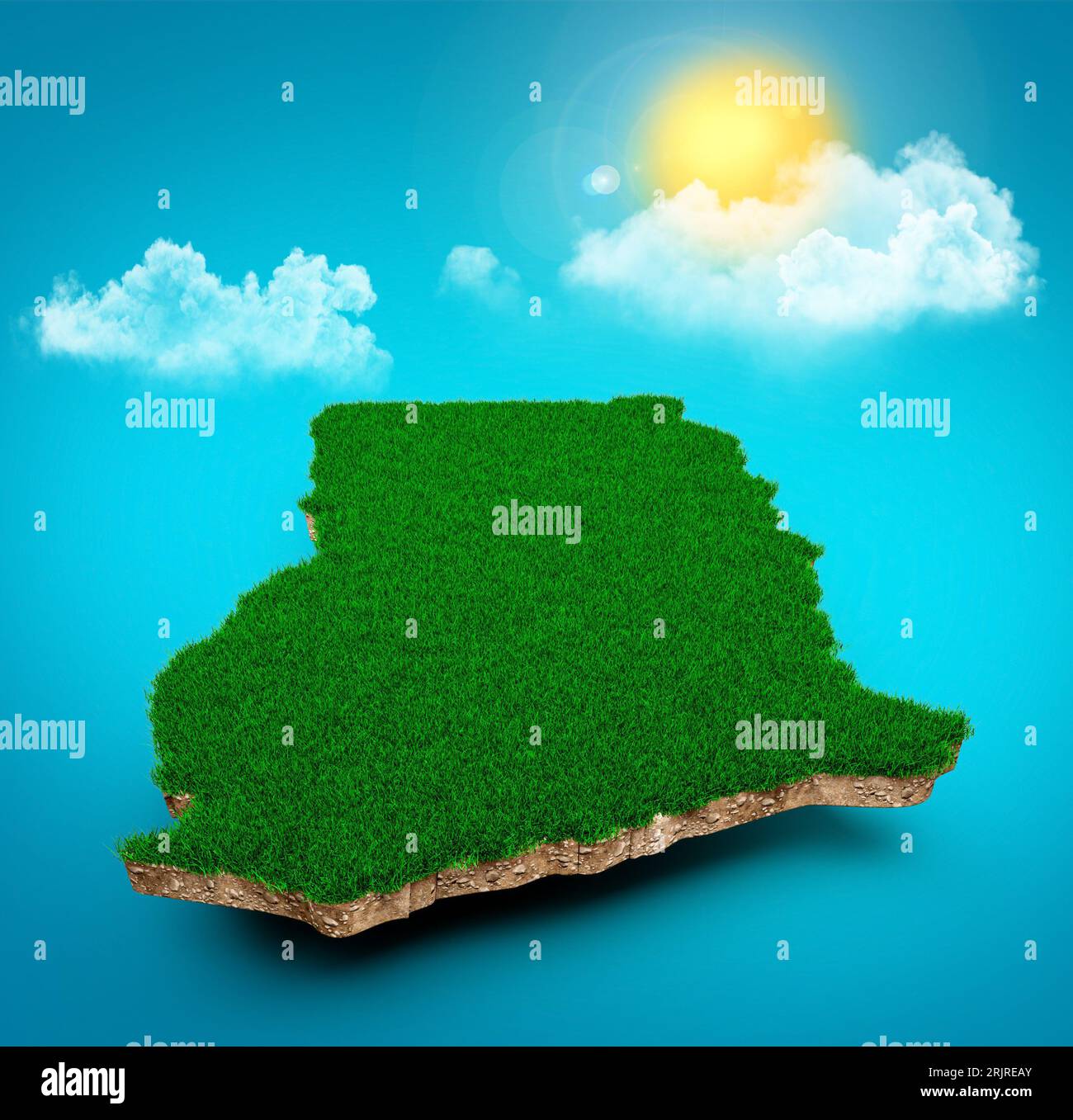 Une illustration 3D de Ghana carte d'herbe verte sur fond de ciel bleu ensoleillé Banque D'Images
