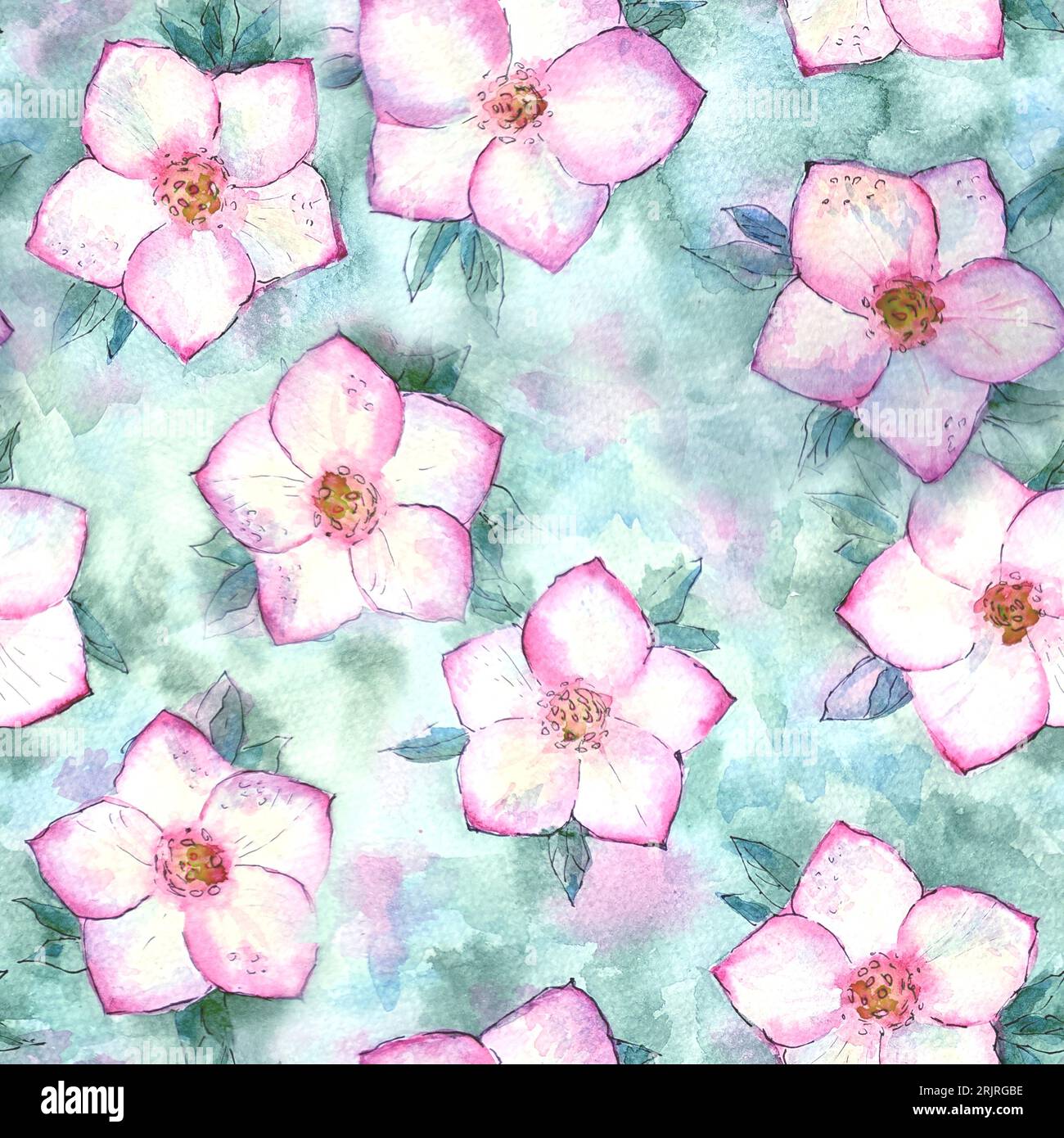 Fleurs d'aquarelle pastel bleu sarcelle, fond de motif sans couture rose. Aquarelle illustration botanique de printemps dessinée à la main. Impression pour textile, tissu Banque D'Images